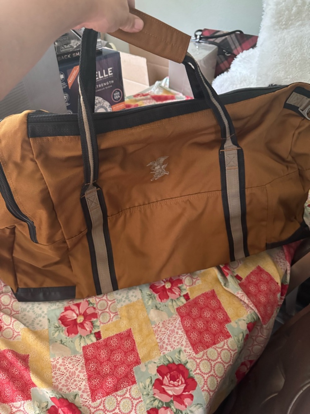 Men's Canvas Duffel Bag in Brown with Striped Handles - Travel & Gym